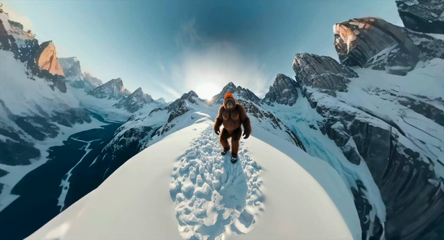 A panoramic 360-degree environment generated with Scenario's AI. The expressive and speaking yeti wears a woolly hat. This scene illustrates possibilities available on Scenario for immersive content creation for virtual reality and advanced creative workflows.