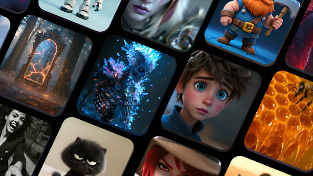 An artist visualizes a wall of their artwork once run through Scenario's training tool, resulting in consistently styled characters in every AI-generated image.